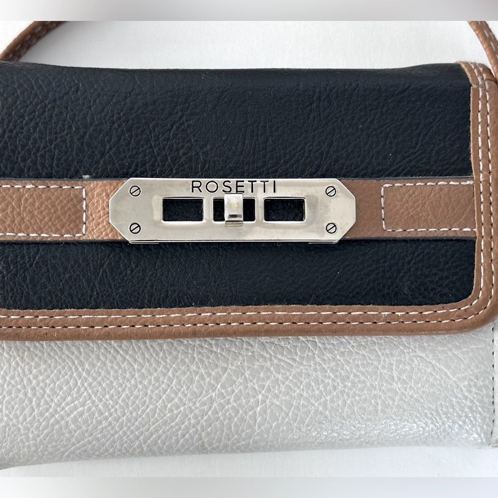 ROSETTI Black and Tan Crossbody Purse Removable Strap Clutch Gold Accents - Picture 2 of 13